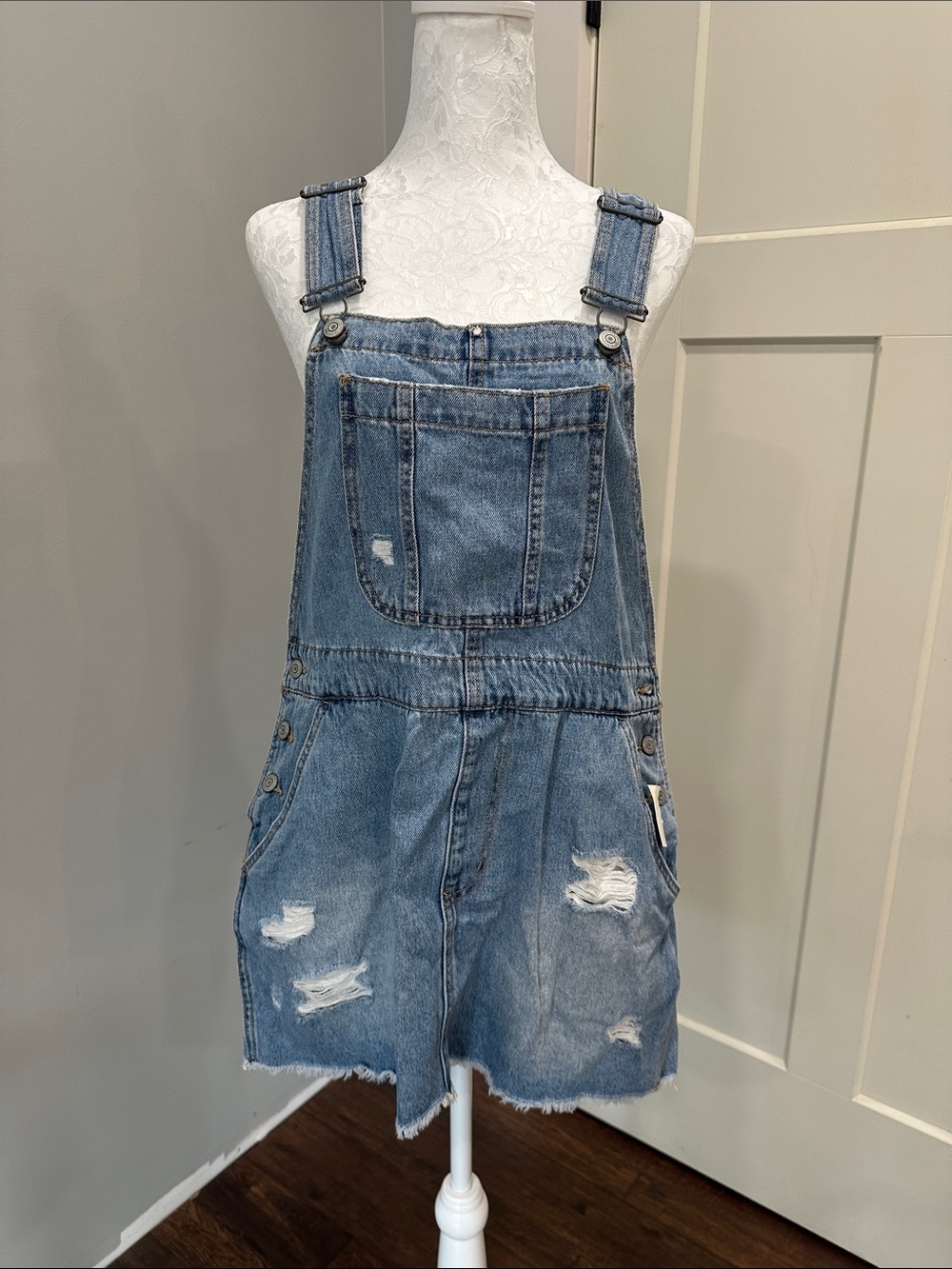 Aeropostale Distressed Light Blue Denim Overall Dress